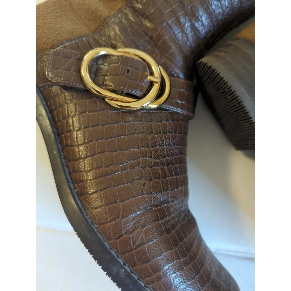 Stuart Weitzman Women SIELLA Croc Embossed Leather Over Knee Boots Coffee 6 M